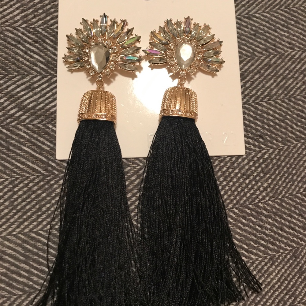 Black fringe drop earrings